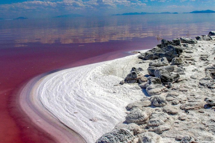 Great Salt Lake Shore with red hued water